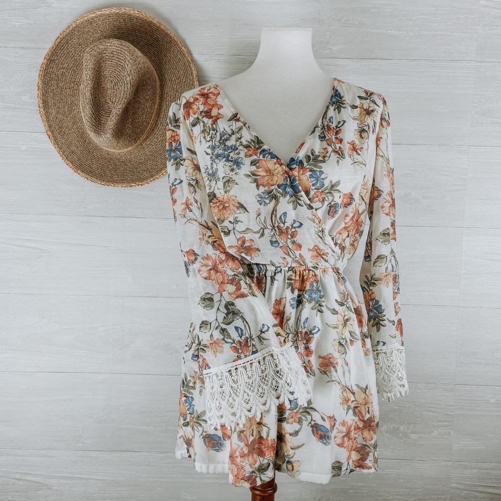 CR Floral Boho Bell Sleeve Romper w/ Lace Detail